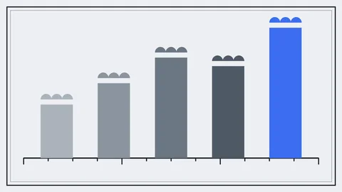 An illustrative bar figure: five scallop-capped bars in graduated grays with the fifth electric blue, ticked baseline, thin dark frame